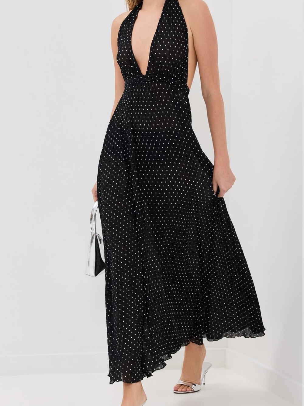 Lioness Black Halter Maxi Dress with White Polka Dots NWT